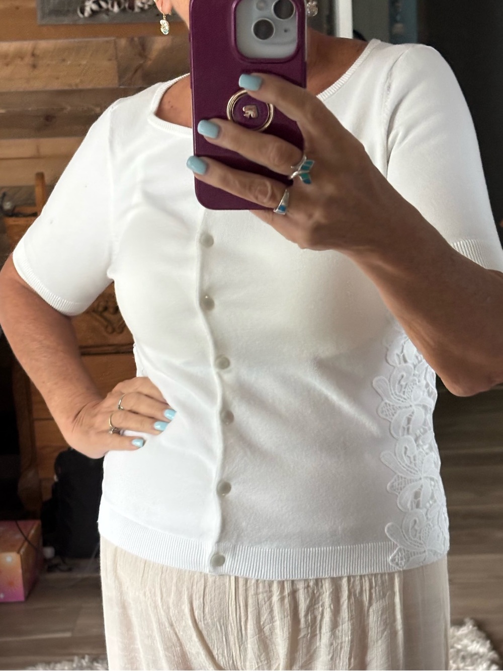 Talbots White Short-Sleeve Button Front Knit Top with Lace Side Detail